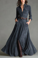 Vestido maxi largo hasta el suelo con cinturón, cuello de camisa y cierre de un solo pecho en ante sintético (Incluye cinturón)