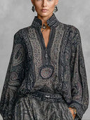 Ensemble deux pièces chemise à manches longues imprimé cachemire vintage et pantalon