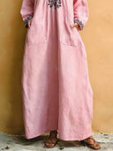 Pink Minimalist Holiday Print V-neck Loose Maxi Dress