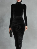 Black Velvet Elegant High-Neck Bodycon Dress