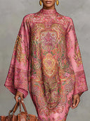 Pembe Paisley Desenli İspanyol Kol Bol Midi Elbise