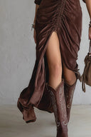 Vintage Button-stitched Pleated Velvet Midi Dress