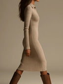 Abito midi beige a coste con rever lavorato a maglia