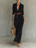 Wildleder Einreiher Revers Maxikleid