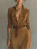 Suede Single-breasted Lapel Maxi Dress