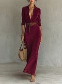 Wildleder Einreiher Revers Maxikleid