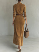 Wildleder Einreiher Revers Maxikleid