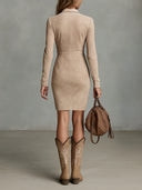 Beige smal semsket skinn hals blomster slag midikjole