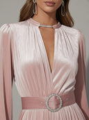 Elegant Light Pink V-Neck Velvet Maxi Dress