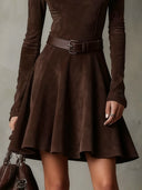 Rochie mini vintage maro închis din piele întoarsă cu guler tip mock neck