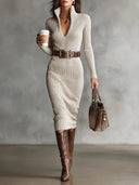 Slim Fit Half Turtleneck V-Neck Long Sleeve Knitted Belted Midi Dress