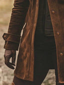 Cappotto Giacca Vintage in Camoscio con Colletto a Revers e Lunghezza Media
