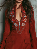 Rochie mini vintage roșu ruginiu cu mâneci clopot brodate, din piele întoarsă sintetică și dantelă
