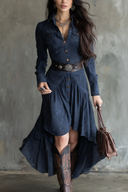 Robe midi fluide irrégulière à poche et bouton de revers bleu rétro