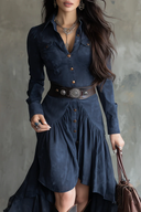 Robe midi fluide irrégulière à poche et bouton de revers bleu rétro
