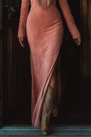 Rochie maxi vintage western roz cu ciucuri și broderie din piele întoarsă ecologică