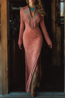 Vintage Western Kvaster Broderet Lyserød Imiteret Ruskind Maxi-kjole