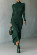 Robe midi portefeuille plissée à col roulé vert foncé et ourlet irrégulier