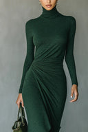 Robe midi portefeuille plissée à col roulé vert foncé et ourlet irrégulier