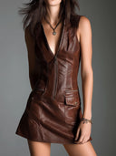 Vestido Mini em Pele Ecológica Castanho Chocolate com Fecho à Frente e Bolsos Utilitários