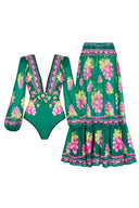 Tief ausgeschnittener V-Ausschnitt Retro Print Langarm Badeanzug Set