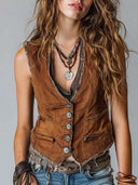 Gilet in denim caramello lavato con cuciture e bottoni in ottone