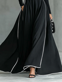 Women's Black Stitching White Trim High Collar Long Sleeve Tight Belt Maxi Dress