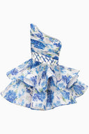 Vestito corto in chiffon con stampa floreale Andrea e spalla scoperta