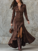 Vestido Maxi Retro com Barra Irregular e Folhos