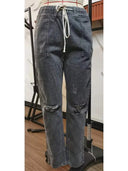 Sonbahar Büzgülü Bel Yıpranmış Denim Pantolon