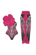 Costum de baie cu imprimeu floral magenta și flori 3D