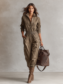 Dame casual jumpsuit med skjortekrave, knapper og snøre