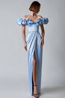 Vestido Maxi com Fenda e Ombros Descobertos Crystal