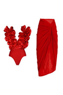 Set costum de baie roșu cu decolteu în V și dantelă decorativă
