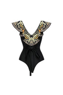 Black Gold Print Ruffle Tie Swimsuit Set