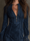 Vintage blaues Wildleder Minikleid mit Spitzenbesatz