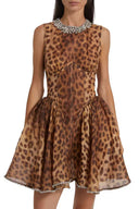 Leopardenmuster Rundhals Strass Kleid
