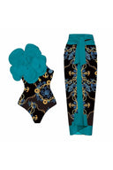 3D Blue Floral Bust Decor Printed Swimwear