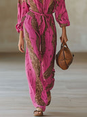 Casual Loose Rose Red Chiffon Leopard Print Long-Sleeved Jumpsuit