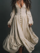 Vestido Maxi de Algodão Elegante Vintage com Renda e Fecho de Um Só Peito