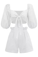 Ensembles short à manches bouffantes et noué devant en lin blanc