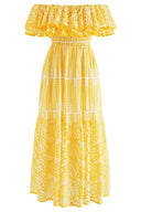 Robe midi évasée en dentelle brodée Dolly à épaules dénudées et coupe trapèze
