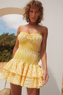 Vestido Mini Bodycon Sem Alças com Renda Bordada Dolly