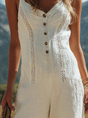 Women's White Linen Sleeveless Suspender Button Jumpsuit With Lace Design