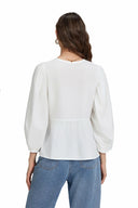 Top Blusa Peplum con Mangas Abullonadas y Lazos