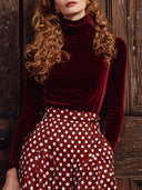 Vintage Burgunder Samt Rollkragen Langarmshirt und Rock mit Polka-Dot-Tasche Set