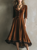 Vestido Midi Vintage de Veludo com Renda e Mangas Três-Quartos