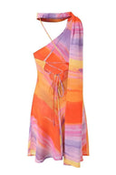 Vestido Mini Elena de Um Ombro com Cordões e Renda