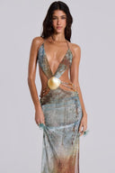 Rochie maxi din plasă Eve cu guler halter și margine din piele de scoică