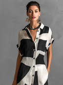 Abito camicia lungo a maniche corte con stampa geometrica in cotone e lino